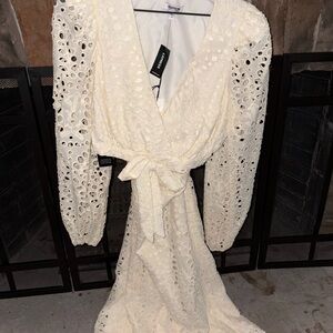 Express Cream Long Sleeve Bishop V-Neck Dress